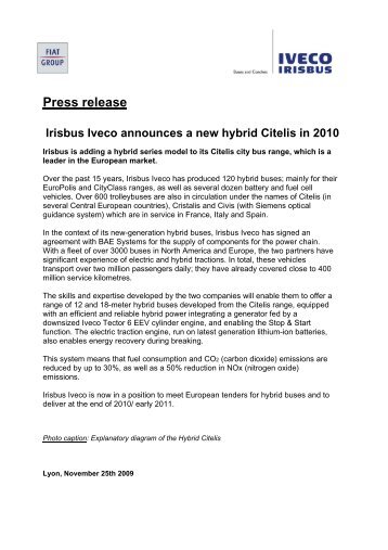 Press release Irisbus Iveco announces a new hybrid Citelis in 2010