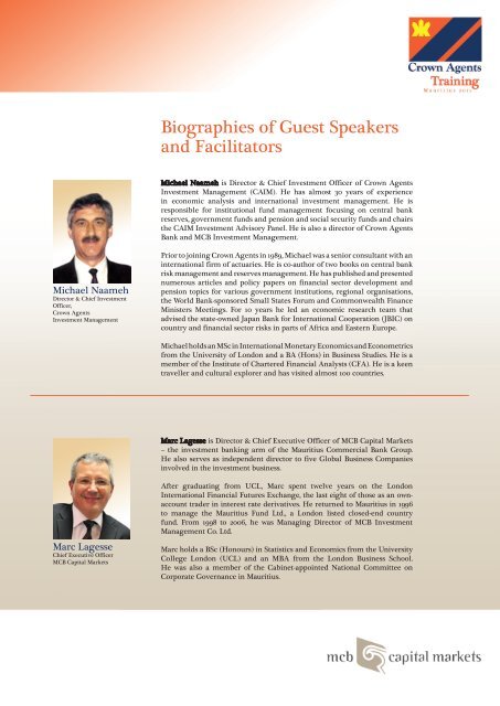 Biographies of Guest Speakers and Facilitators - MCB Capital Markets