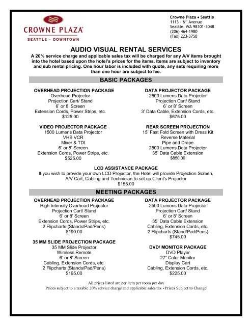 Audio Visual Rental Services Crowne Plaza Hotel Seattle