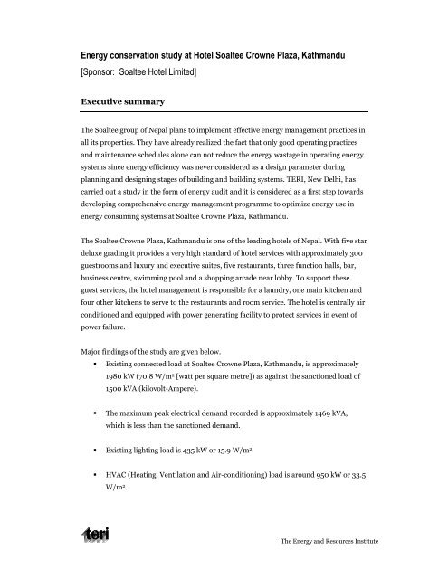 Energy conservation study at Hotel Soaltee Crowne Plaza ...