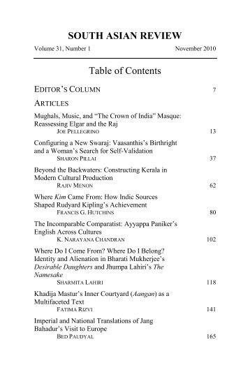 SOUTH ASIAN REVIEW Table of Contents - South Asian Literary ...