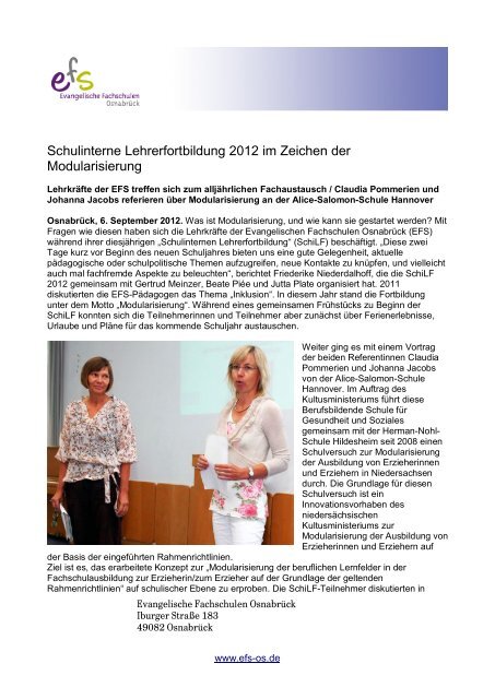 Interpersoonlijk bemanning Previs site Schulinterne Lehrerfortbildung 2012 im Zeichen der ... - efs