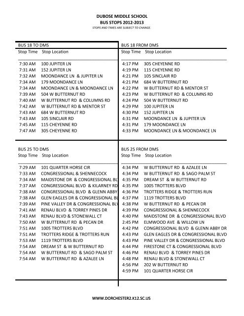 DUBOSE MIDDLE SCHOOL BUS STOPS 2012-2013 BUS 18 TO