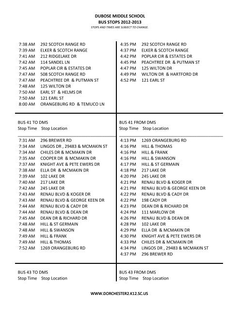 DUBOSE MIDDLE SCHOOL BUS STOPS 2012-2013 BUS 18 TO ...