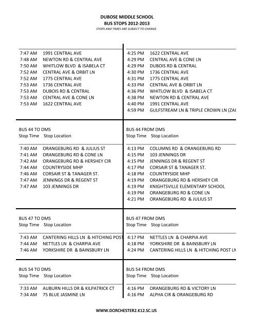 DUBOSE MIDDLE SCHOOL BUS STOPS 2012-2013 BUS 18 TO ...