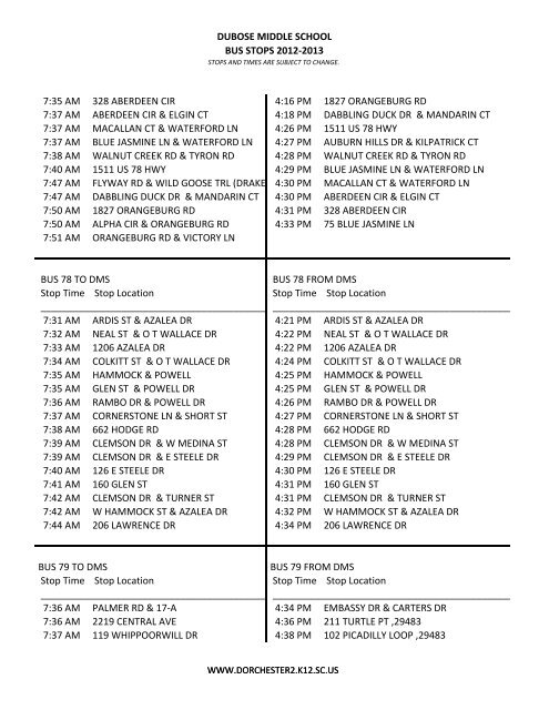 DUBOSE MIDDLE SCHOOL BUS STOPS 2012-2013 BUS 18 TO ...