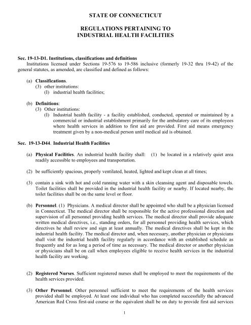 state of connecticut regulations pertaining to industrial health facilities