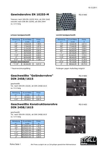 Gewinderohre EN 10255-M Geschweißte "Geländerrohre" DIN 2458 ...