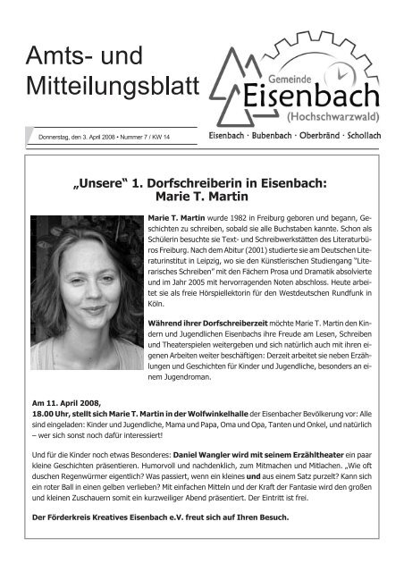 1. Dorfschreiberin in Eisenbach: Marie T. Martin  - Gemeinde ...