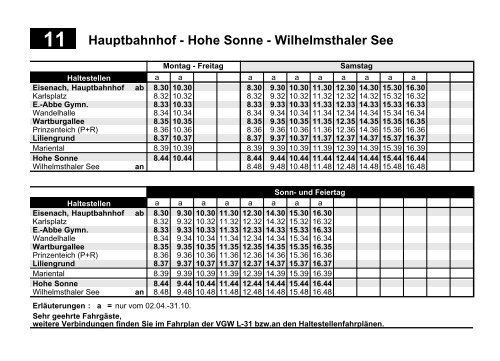 Busfahrplan (Ausschnitt - Hohe Sonne). - Eisenach Online