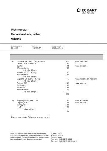 Richtrezeptur Reparatur-Lack, silber wässrig - ECKART