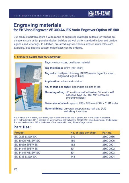 Engraving materials - EK-Team