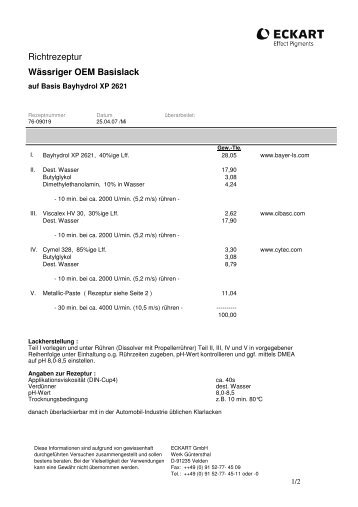 Richtrezeptur Wässriger OEM Basislack - ECKART