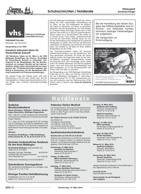 Mitteilungsblatt vom 15.03.2012 - Ehningen