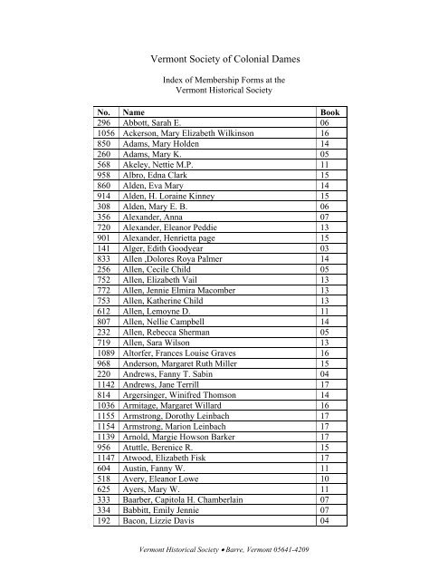 Vermont Colonial Dames Index - Vermont Historical Society