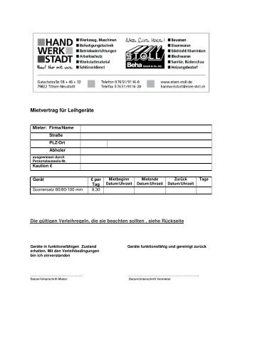 Mietvertrag für Leihgeräte - der Firma Eisen-Stoll aus Titisee-Neustadt