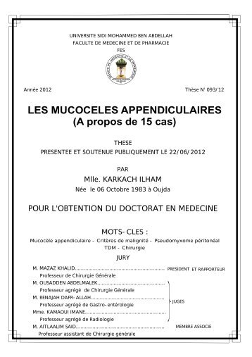 I. la mucocèle appendiculaire - Faculté de Médecine et de ...