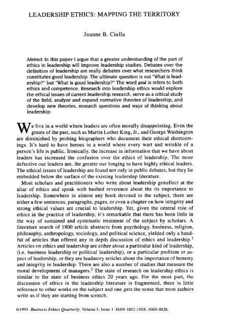 LEADERSHIP ETHICS: MAPPING THE TERRITORY - Strand Theory