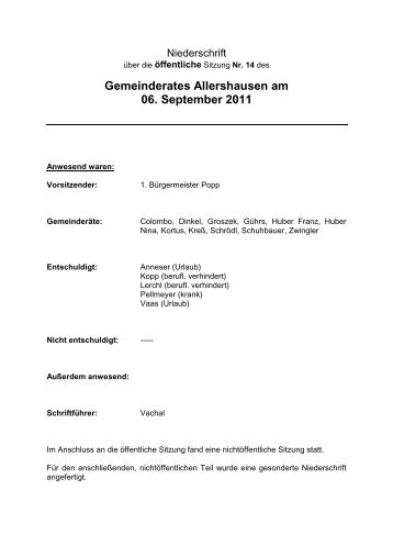 14. Öffentliche Sitzung des Gemeinderates Allershausen vom 06.09