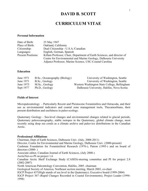 david b. scott curriculum vitae - Earth Sciences - Dalhousie
