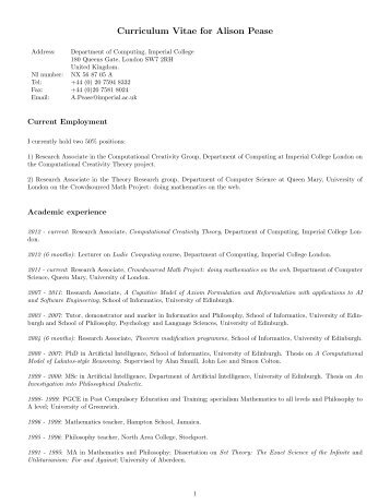 Curriculum Vitae for Alison Pease - Informatics Homepages Server ...