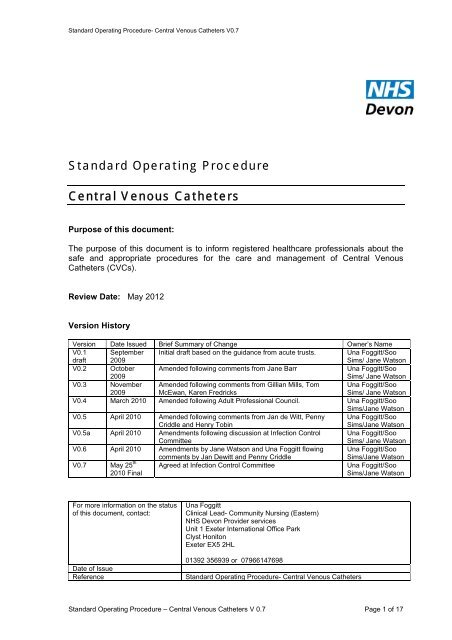 Standard Operating Procedure Central Venous ... - NHS Devon