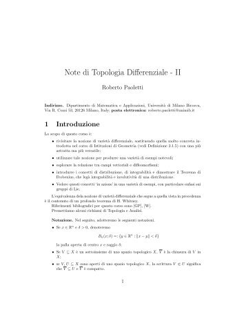 Note di Topologia Differenziale - II - Matematica e Applicazioni