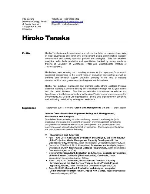 Resume Hiroko Tanaka June 2011 Aardvark Consulting