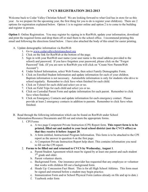 CVCS REGISTRATION 2012-2013 - Cedar Valley Christian School