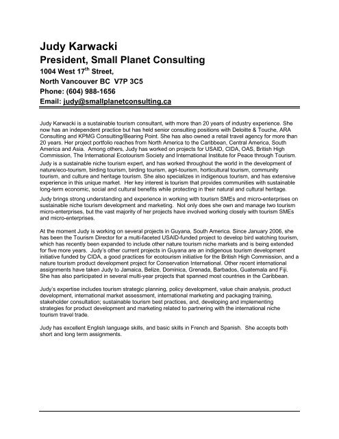 Judy Karwacki President, Small Planet Consulting - Caribbean ...