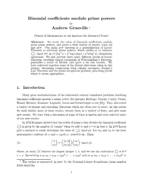 Arithmetic Properties of Binomial Coefficients I