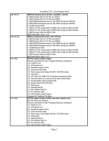 List of Available CTC Autosampler Parts