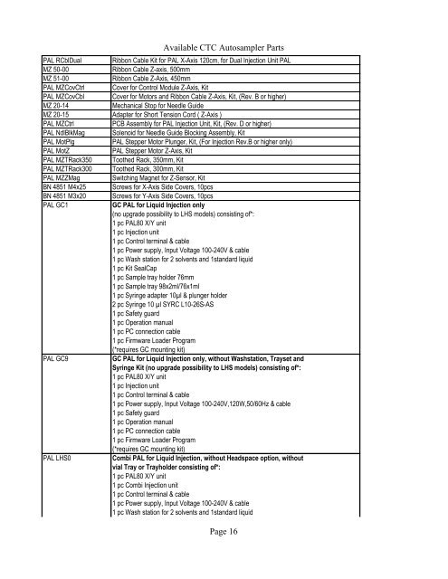 List of Available CTC Autosampler Parts