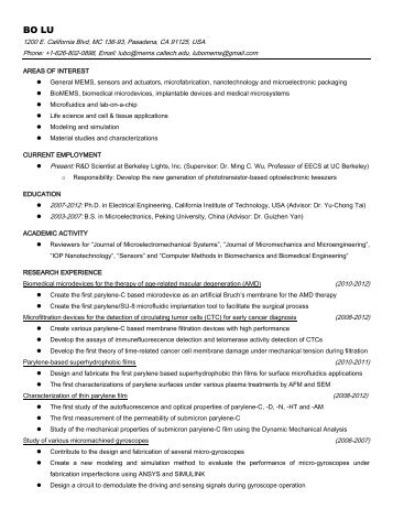 Bo Lu - Caltech Micromachining Laboratory - California Institute of ...