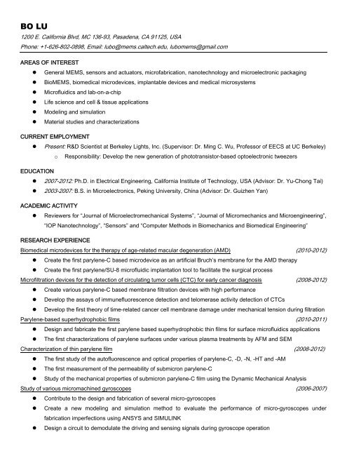 Bo Lu - Caltech Micromachining Laboratory - California Institute of ...