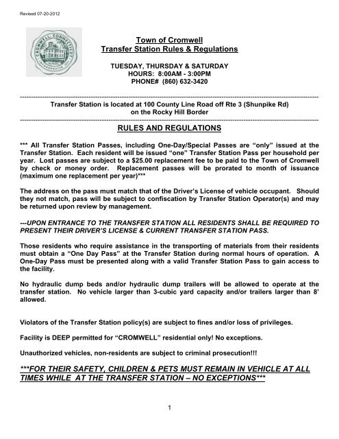 Transfer Station Acceptable Items Regulations - Town of Cromwell