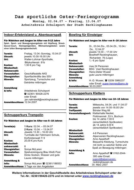 Das sportliche Oster-Ferienprogramm - Stadt Recklinghausen