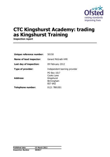 CTC Kingshurst Academy: trading as Kingshurst Training - Ofsted