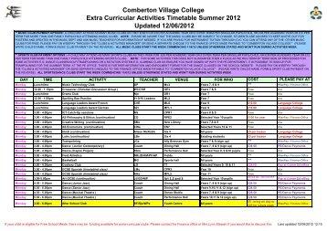 Comberton Village College Extra Curricular Activities Timetable ...