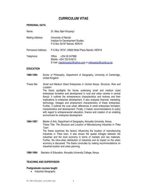 Curriculum Vitae University Of Nairobi