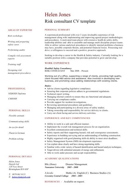 Fire Risk Consulate Cv Examples Risk consultant CV template - Dayjob