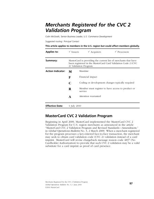 Merchants Registered for the CVC 2 Validation Program - Bank of ...