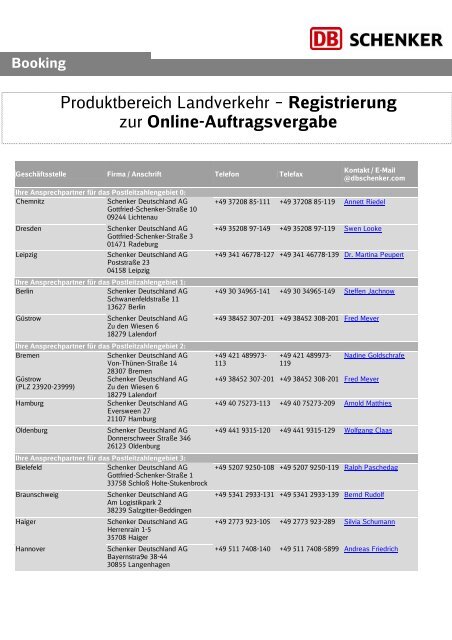 Produktbereich Landverkehr – Registrierung zur Online - Schenker ...