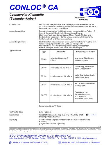 CONLOC® CA Cyanacrylat-Klebstoffe - EGO - Dichtstoffwerke