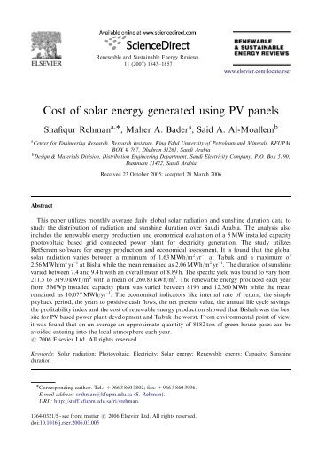 Cost of solar energy generated using PV panels