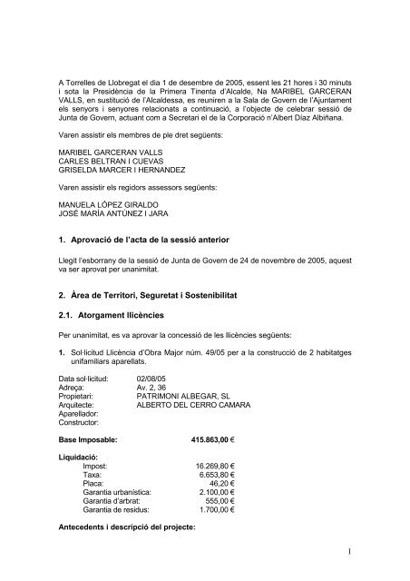 1 1. Aprovació de l'acta de la sessió anterior 2. Àrea de Territori ...