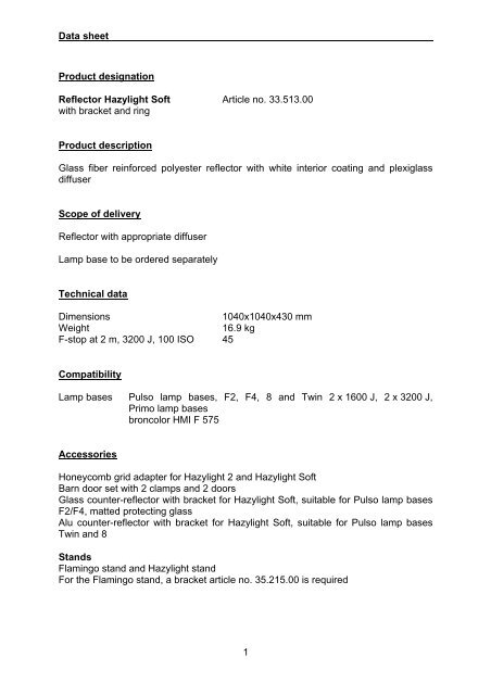 Data sheet 1 Product designation Reflector Hazylight Soft Article no ...