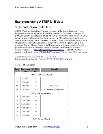 Exercises using ASTER L1B data 1 Introduction to ASTER - Wimsoft