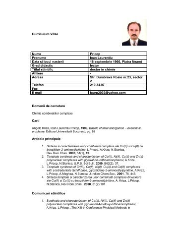 Curriculum Vitae Nume Pricop Prenume Ioan Laurentiu Data si locul ...