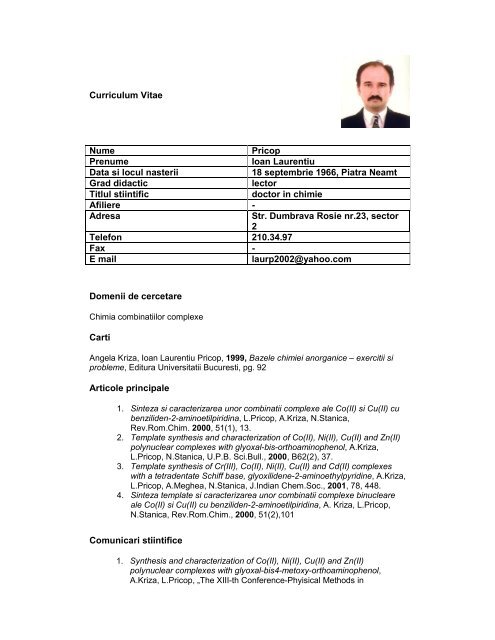 Curriculum Vitae Nume Pricop Prenume Ioan Laurentiu Data si locul ...